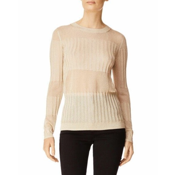$248 NEW J BRAND Womens XS Sheer Ribbed Knit Crew Neck METALLIC GOLD Tan Sweater - Picture 3 of 9